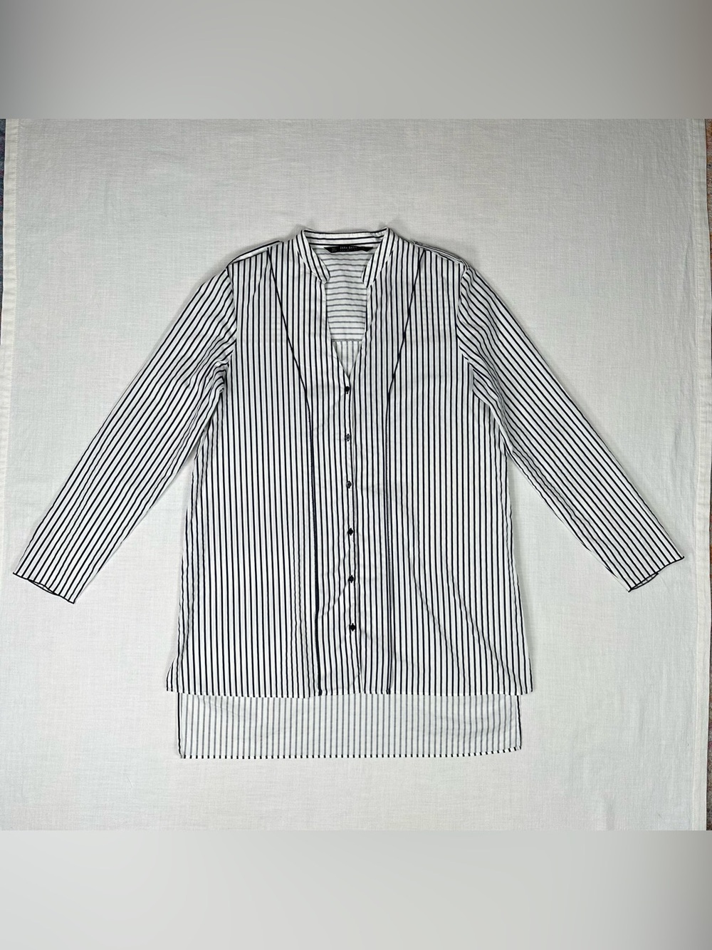 Zara Basic Striped High Low Tunic Button Front Blouse Shirt Size L Blue White - Picture 9 of 14
